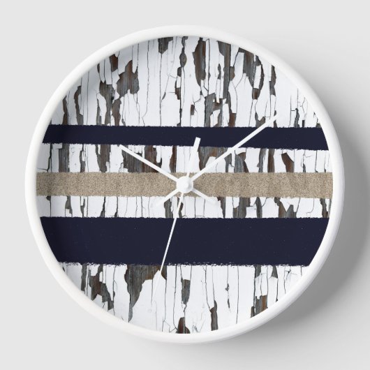 Navy / Beige / White Stripes over Peeling Wood  壁時計 (正面)