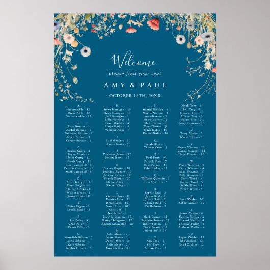 Navy Bliss Wildflower Alphabetical Seating Chart ポスター (正面)