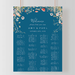 Navy Bliss Wildflower Alphabetical Seating Chart ポスター