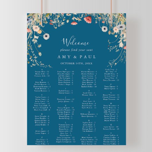 Navy Bliss Wildflower Alphabetical Seating Chart ポスター