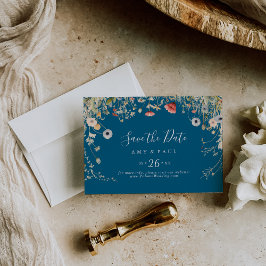 Navy Blissful Boho Wildflower Horizontal Wedding セーブザデート