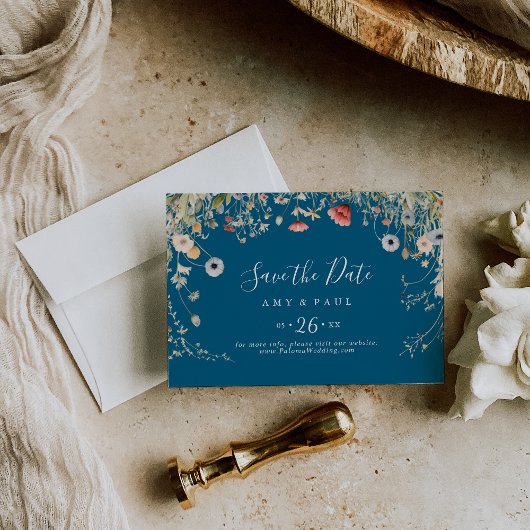 Navy Blissful Boho Wildflower Horizontal Wedding セーブザデート
