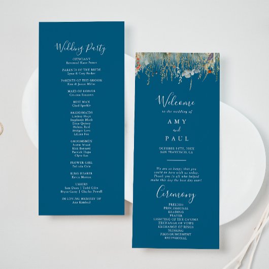 Navy Blissful Boho Wildflower Wedding Program プログラム