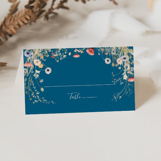 Navy Blissful Colorful Boho Wildflower Wedding  プレイスカード