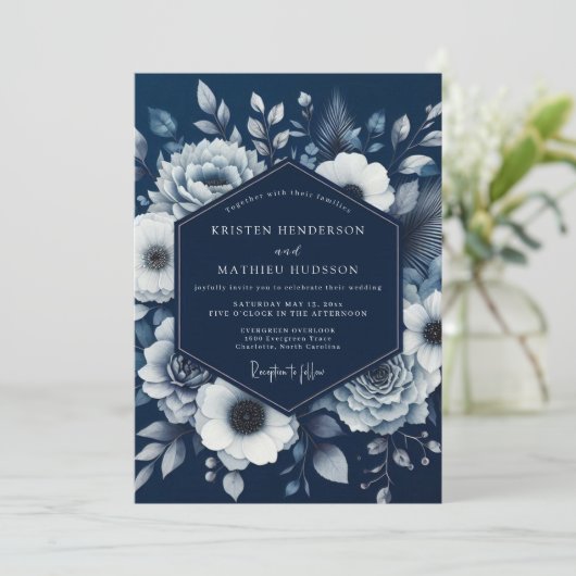 Navy Bloom Romance Wedding 招待状 (スタンド正面)