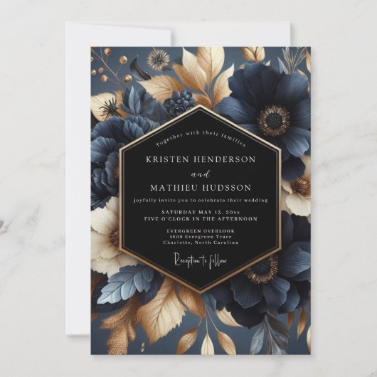 Navy Bloom Wedding 招待状 (正面)