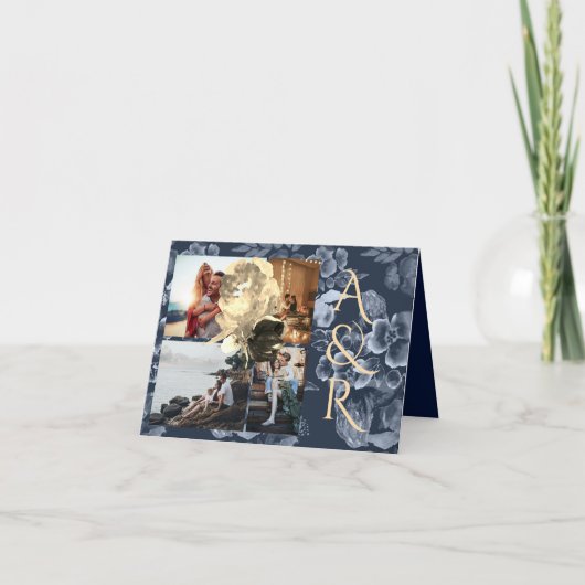 Navy BlueとGolden 結婚フローラ 招待状 (正面)