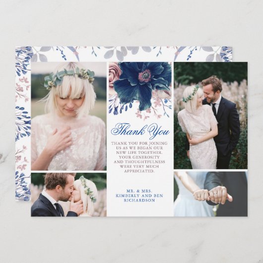 Navy BlueとMauve結婚の感謝の写真 招待状 (正面/裏面)