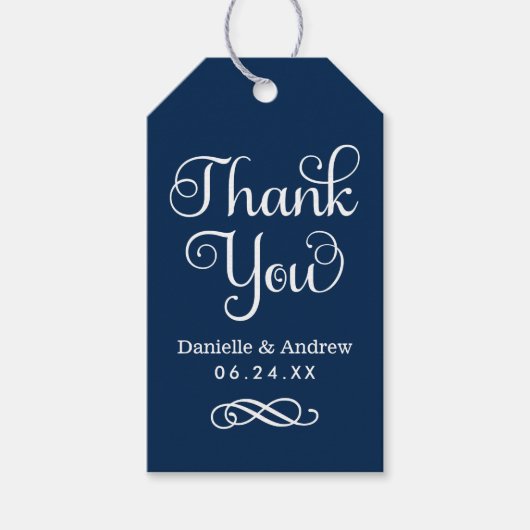 Navy Blueスクリプトモダンに感謝結婚 ギフトタグ (正面)