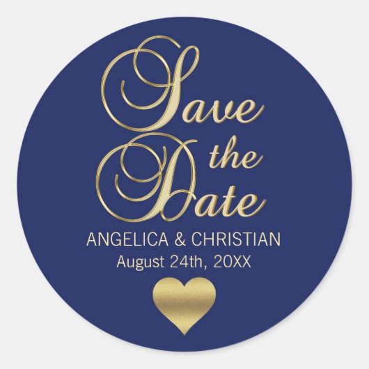 Navy Blueパーソナライズされた金ゴールドが日付を保存結婚する ラウンドシール (正面)