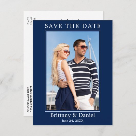 Navy Blueモダンの日付を保存したシンプル写真 ポストカード (正面/裏面)
