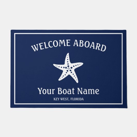 Navy Blue航海の White Welcome Abording Starfish ドアマット (正面)