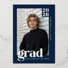 Navy Blue 2026 Graduate 4 Photo Graduation Silver 箔招待状