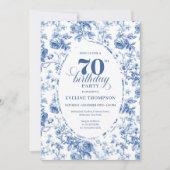 Navy Blue 70th Birthday Classic Floral Invitation 招待状 (正面)