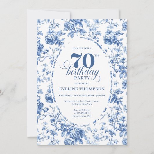 Navy Blue 70th Birthday Classic Floral Invitation 招待状 (正面)