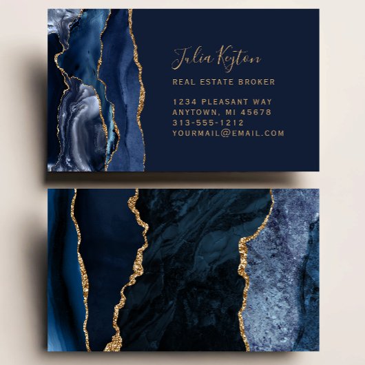 Navy Blue Agate Geode Gold Glitter Real Estate 名刺