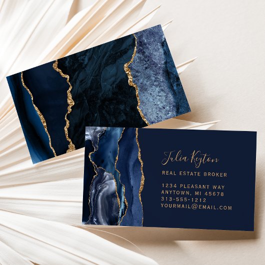 Navy Blue Agate Geode Gold Glitter Real Estate 名刺