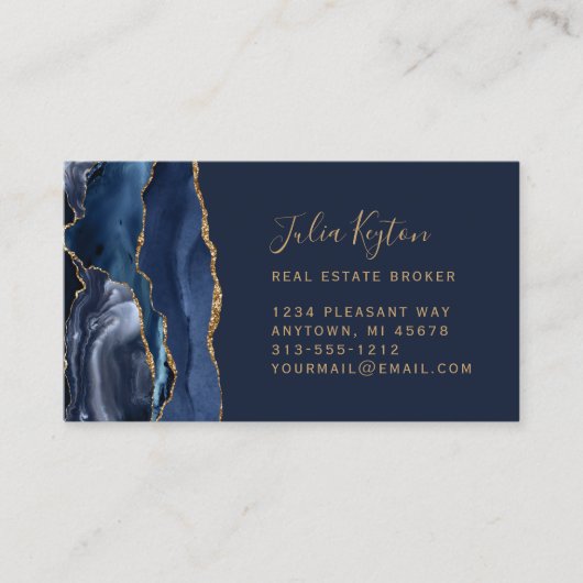 Navy Blue Agate Geode Gold Glitter Real Estate 名刺 (正面)