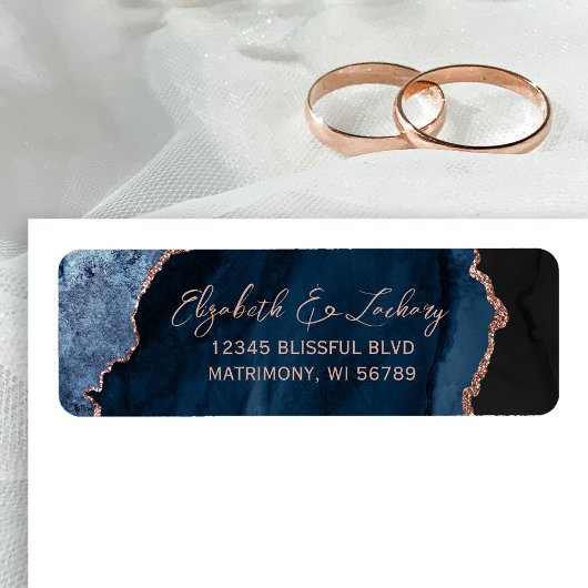 Navy Blue Agate Rose Gold Wedding Return Address ラベル