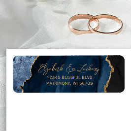 Navy Blue Agate Script Wedding Return Address ラベル