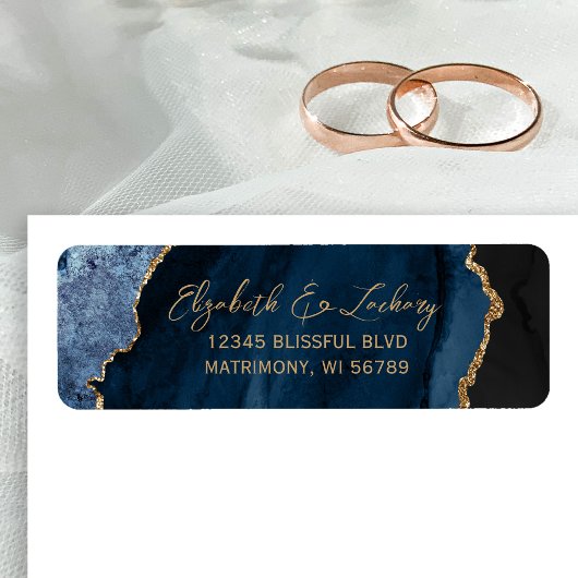 Navy Blue Agate Script Wedding Return Address ラベル