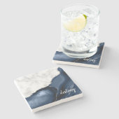 Navy Blue Agate Signature White Marble Silver ストーンコースター (横)