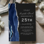 Navy Blue Agate Silver Dark 25th Anniversary 招待状
