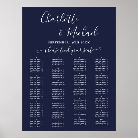 Navy Blue Alphabetical Wedding Seating Chart ポスター (正面)
