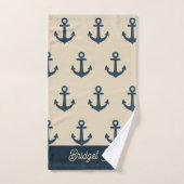 Navy Blue Anchor on Beige Coastal Decor バスタオルセット (ハンドタオル)