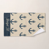 Navy Blue Anchor on Beige Coastal Decor バスタオルセット (ハンドタオル)