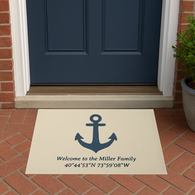 navy blue Anchor with Family Name and Coordinates ドアマット (クリエイターアップロード済み)