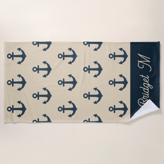 navy blue Anchor with Monogram Beige Coastal  ビーチタオル (正面)