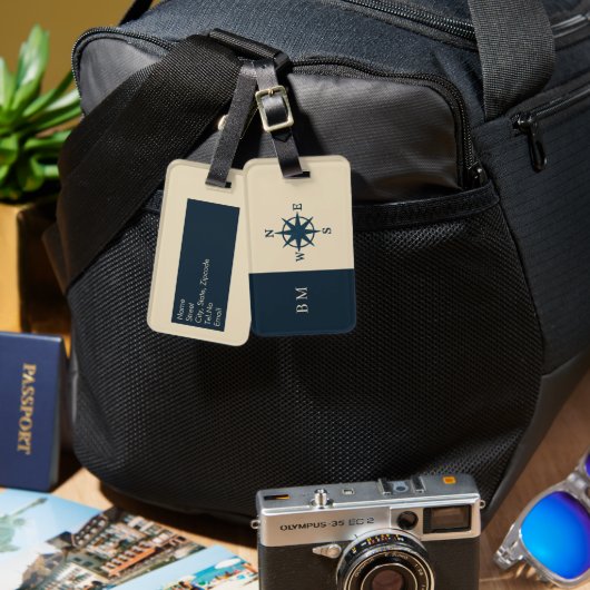 navy blue Anchor with Monogram Beige Coastal ラゲッジタグ (正面&裏面)