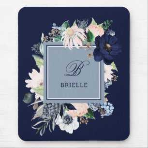 Navy Blue and Blush Floral Name and Monogram マウスパッド