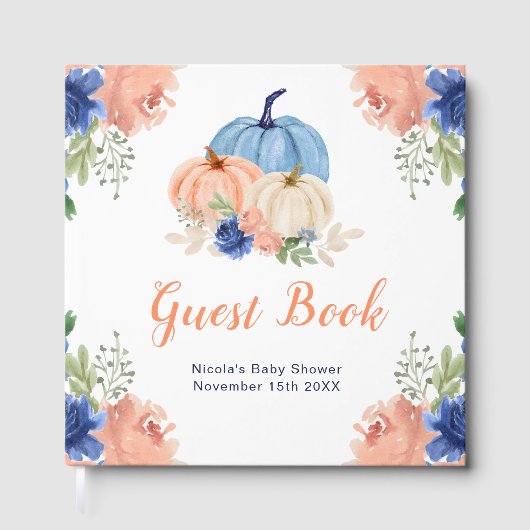 Navy Blue and Blush Floral Pumpkins Baby Shower ゲストブック (正面)