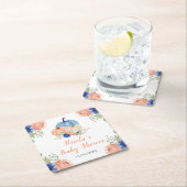 Navy Blue and Blush Floral Pumpkins Baby Shower スクエアペーパーコースター (インサイチュ)