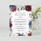 Navy Blue and Burgundy Blush QR Code Wedding  招待状 (スタンド正面)