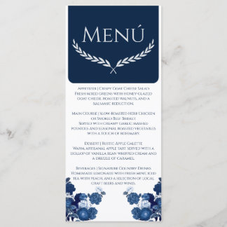 Navy Blue and Dusty Blue Floral Color Block Menu メニュー