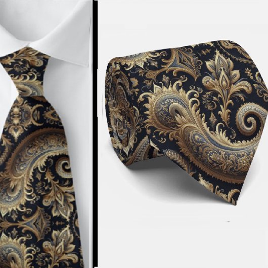 Navy Blue and Gold 3d Paisley Jacquard neck tie ネクタイ