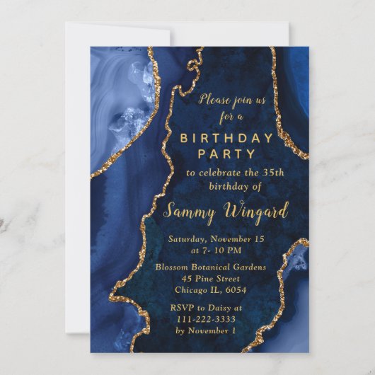 Navy Blue and Gold Agate Marble Birthday Party 招待状 (正面)