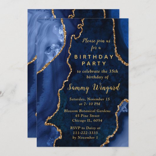 Navy Blue and Gold Agate Marble Birthday Party 招待状 (正面/裏面)