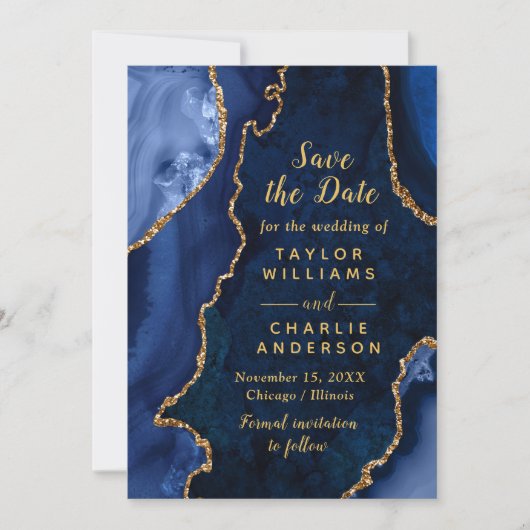 Navy Blue and Gold Agate Marble Save The Date 招待状 (正面)