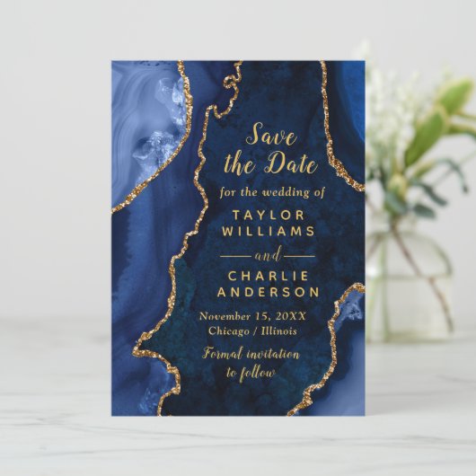 Navy Blue and Gold Agate Marble Save The Date 招待状 (スタンド正面)