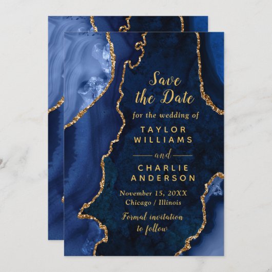 Navy Blue and Gold Agate Marble Save The Date 招待状 (正面/裏面)