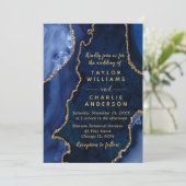 Navy Blue and Gold Agate Marble Wedding 招待状 (スタンド正面)