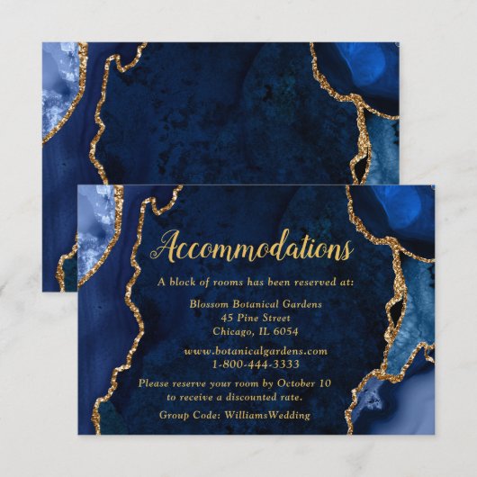 Navy Blue and Gold Agate Wedding Accommodations エンクロージャーカード (正面/裏面)