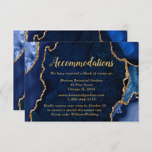 Navy Blue and Gold Agate Wedding Accommodations エンクロージャーカード (正面/裏面)
