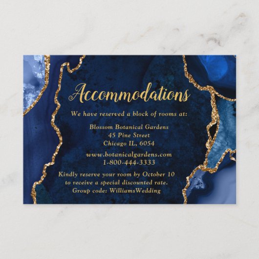 Navy Blue and Gold Agate Wedding Accommodations エンクロージャーカード (正面)