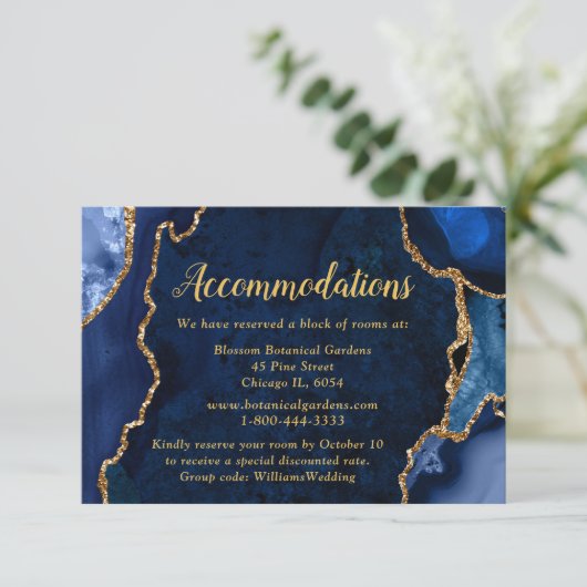 Navy Blue and Gold Agate Wedding Accommodations エンクロージャーカード (スタンド正面)