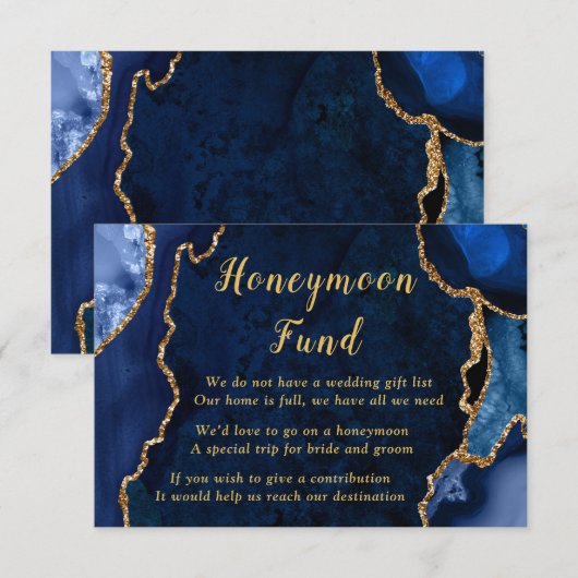 Navy Blue and Gold Agate Wedding Honeymoon Fund エンクロージャーカード (正面/裏面)